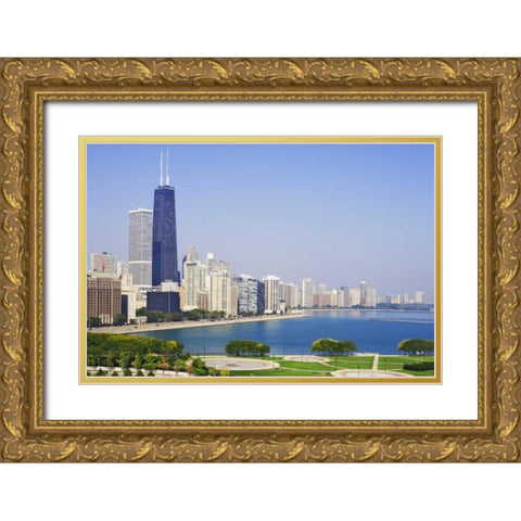 Illinois, Chicago Downtown and Lake Michigan Gold Ornate Wood Framed Art Print with Double Matting by Flaherty, Dennis