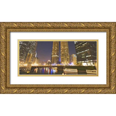 Illinois, Chicago Night along the Chicago River Gold Ornate Wood Framed Art Print with Double Matting by Flaherty, Dennis