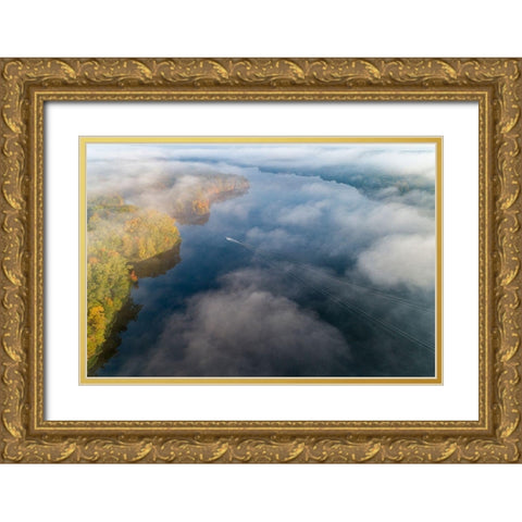 Boat on lake in fog in fall at Stephen A Forbes State Park-Marion County-Illinois Gold Ornate Wood Framed Art Print with Double Matting by Day, Richard and Susan