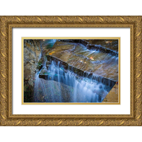 Rocky Ledges with Waterfall in Clifty Creek Park-Indiana Gold Ornate Wood Framed Art Print with Double Matting by Miller, Anna