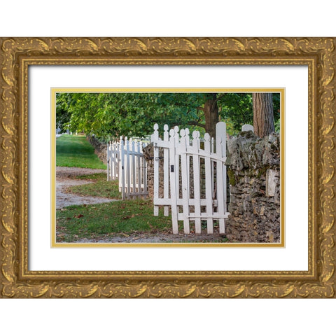 Gate and white wooden fence and rock wall-Shaker Village of Pleasant Hill-Harrodsburg-Kentucky Gold Ornate Wood Framed Art Print with Double Matting by Jones, Adam