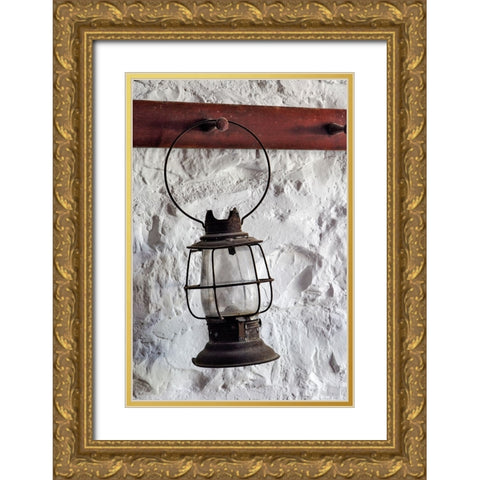 Antique lantern hanging on white wall-Shaker Village of Pleasant Hill-Harrodsburg-Kentucky Gold Ornate Wood Framed Art Print with Double Matting by Jones, Adam
