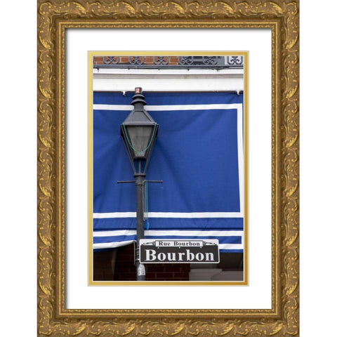 Louisiana, New Orleans Bourbon Street lamppost Gold Ornate Wood Framed Art Print with Double Matting by Kaveney, Wendy