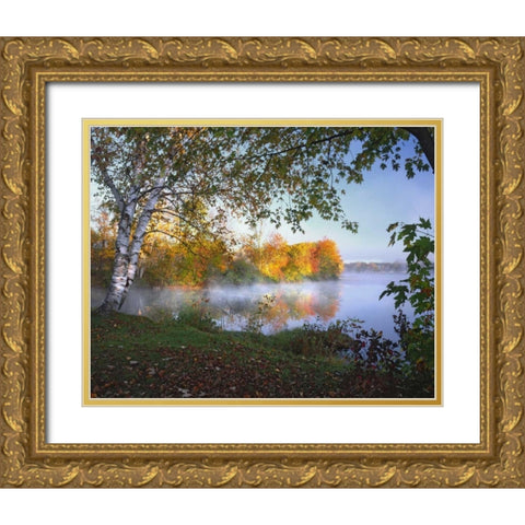 ME, Pittsfield Morning and fog over Douglas Pond Gold Ornate Wood Framed Art Print with Double Matting by Terrill, Steve