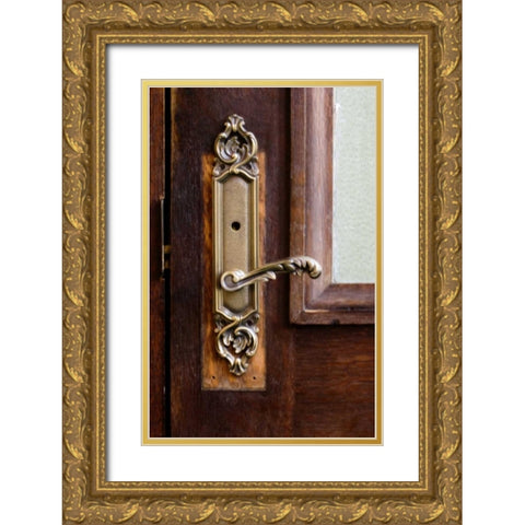 USA, Maine Ornate handle on wooden door Gold Ornate Wood Framed Art Print with Double Matting by Clemons, Kathleen