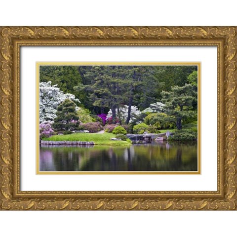 Maine, Northeast Harbor View over a garden pond Gold Ornate Wood Framed Art Print with Double Matting by Rotenberg, Nancy
