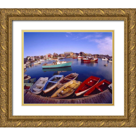 ME, Rockport Town buildings and boats in bay Gold Ornate Wood Framed Art Print with Double Matting by Zuckerman, Jim