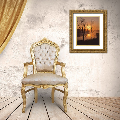 Maine Autumn sunrise over the Kennebec River Gold Ornate Wood Framed Art Print with Double Matting by Terrill, Steve