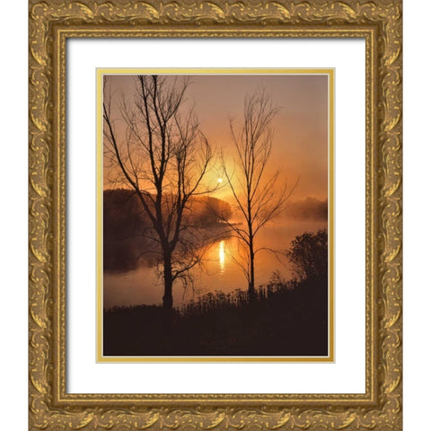 Maine Autumn sunrise over the Kennebec River Gold Ornate Wood Framed Art Print with Double Matting by Terrill, Steve