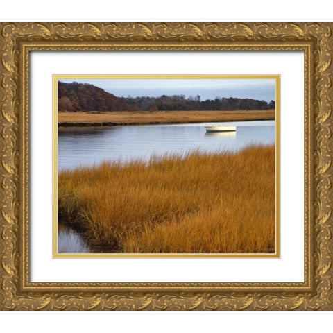USA, Maine Boat anchored in Mousam River Gold Ornate Wood Framed Art Print with Double Matting by Terrill, Steve
