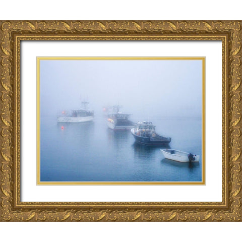 Maine Fishing boats in the harbor with fog Gold Ornate Wood Framed Art Print with Double Matting by Eggers, Julie