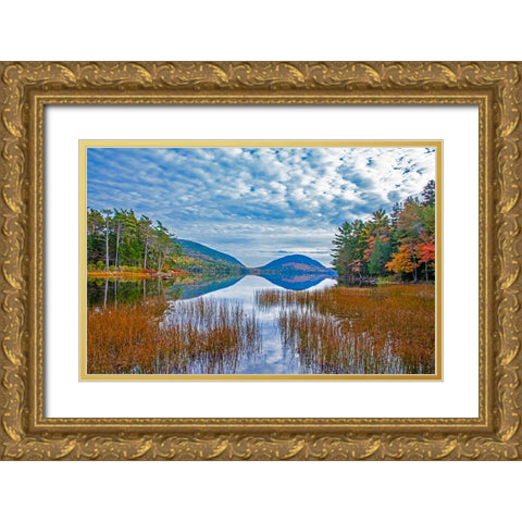 USA-New England-Maine-Acadia National Park and Jordon Pond on very calm Autumn day Gold Ornate Wood Framed Art Print with Double Matting by Gulin, Sylvia
