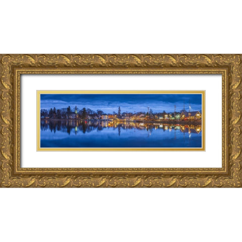 Maine-Kennebunkport-village reflection-winter-dusk Gold Ornate Wood Framed Art Print with Double Matting by Bibikow, Walter