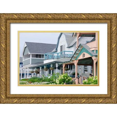 Massachusetts-Marthas Vineyard-Oak Bluffs. Historic gingerbread home. Gold Ornate Wood Framed Art Print with Double Matting by Hopkins, Cindy Miller