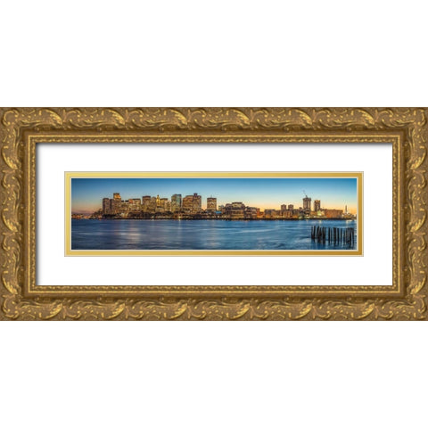 New England-Massachusetts-Boston-city skyline from Boston Harbor-dusk Gold Ornate Wood Framed Art Print with Double Matting by Bibikow, Walter