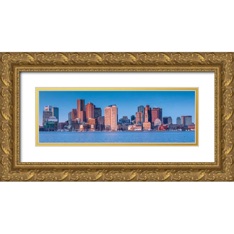 New England-Massachusetts-Boston-city skyline from Boston Harbor-dawn Gold Ornate Wood Framed Art Print with Double Matting by Bibikow, Walter