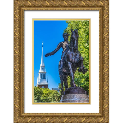 Paul Revere Statue-Old North Church-Freedom Trail-Boston-Massachusetts-Church in 1775 put up lanter Gold Ornate Wood Framed Art Print with Double Matting by Perry, William