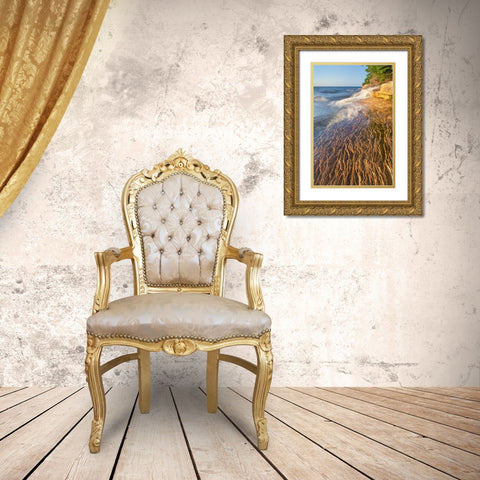 Elliot Falls flowing over layers of Au Train Formation sandstone at Miners Beach Gold Ornate Wood Framed Art Print with Double Matting by Majchrowicz, Alan