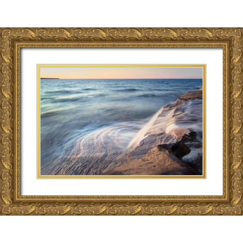 Elliot Falls flowing over layers of Au Train Formation sandstone at Miners Beach  Gold Ornate Wood Framed Art Print with Double Matting by Majchrowicz, Alan