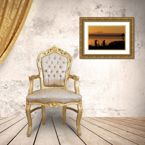 MI, People along Potagannissing Bay at sunrise Gold Ornate Wood Framed Art Print with Double Matting by Carlson, Mark