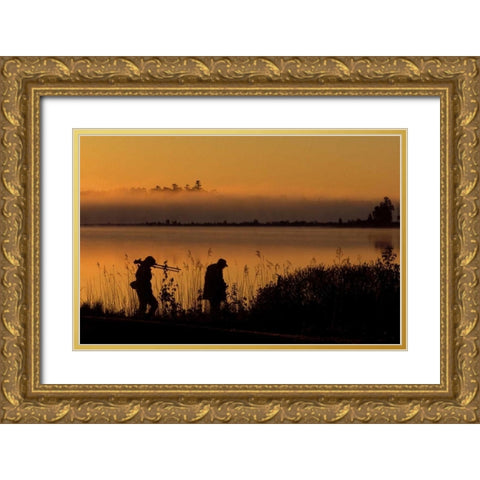 MI, People along Potagannissing Bay at sunrise Gold Ornate Wood Framed Art Print with Double Matting by Carlson, Mark