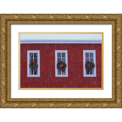 MI, Three Christmas wreathes in schoolhouse Gold Ornate Wood Framed Art Print with Double Matting by Carlson, Mark