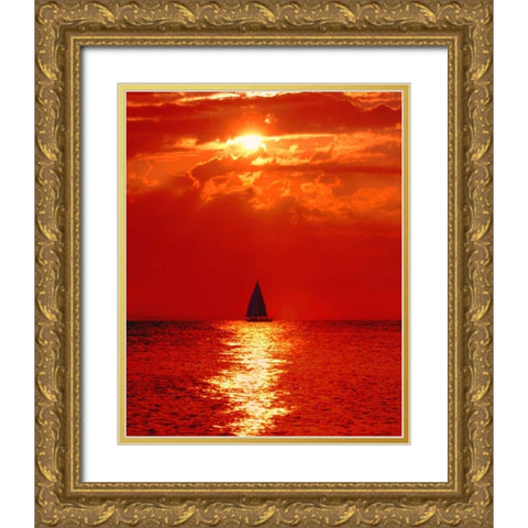 Michigan, Mackinaw, Lake Huron Sailboat at dawn Gold Ornate Wood Framed Art Print with Double Matting by Kelley, David