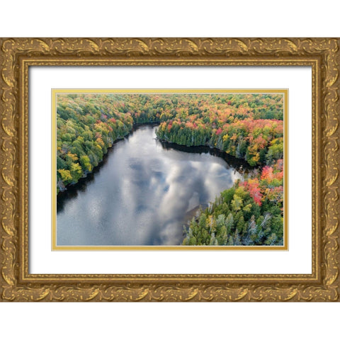 Aerial view of Hugoboom Lake in fall color-Alger County-Michigan Gold Ornate Wood Framed Art Print with Double Matting by Day, Richard and Susan