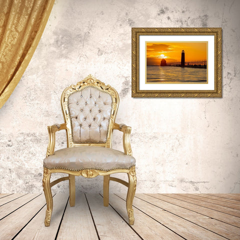 Grand Haven Lighthouse at sunset on Lake Michigan-Grand Haven-Michigan Gold Ornate Wood Framed Art Print with Double Matting by Day, Richard and Susan