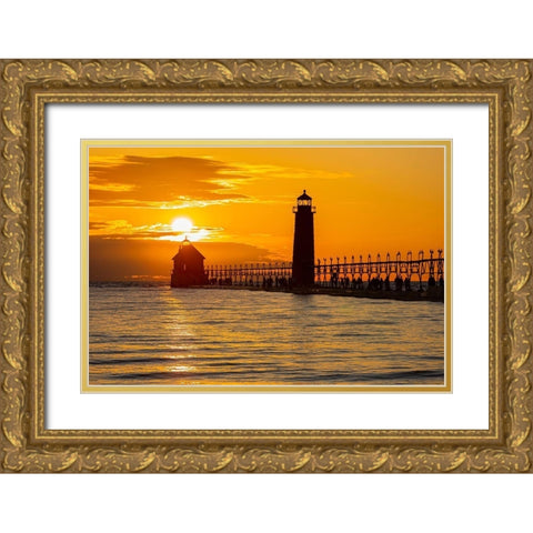 Grand Haven Lighthouse at sunset on Lake Michigan-Grand Haven-Michigan Gold Ornate Wood Framed Art Print with Double Matting by Day, Richard and Susan