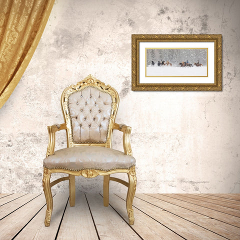 Panoramic view of cowboys during winter roundup-Kalispell-Montana Gold Ornate Wood Framed Art Print with Double Matting by Jones, Adam