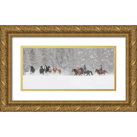 Panoramic view of cowboys during winter roundup-Kalispell-Montana Gold Ornate Wood Framed Art Print with Double Matting by Jones, Adam