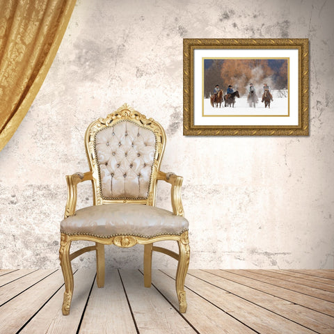 Cowboys during winter roundup-Kalispell-Montana Gold Ornate Wood Framed Art Print with Double Matting by Jones, Adam