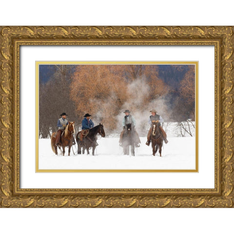 Cowboys during winter roundup-Kalispell-Montana Gold Ornate Wood Framed Art Print with Double Matting by Jones, Adam