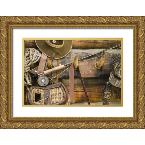 MT, Fishing ger and hat hang on horn pegs Gold Ornate Wood Framed Art Print with Double Matting by Paulson, Don