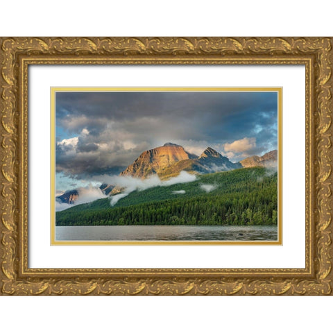 Stormy late afternoon light on Rainbow Peak at Bowman Lake in Glacier National Park-Montana-USA Gold Ornate Wood Framed Art Print with Double Matting by Haney, Chuck