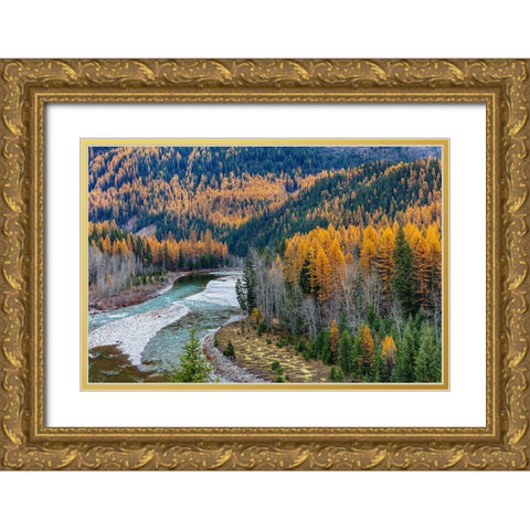 Middle Fork of the Flathead River in autumn in Glacier National Park-Montana-USA Gold Ornate Wood Framed Art Print with Double Matting by Haney, Chuck