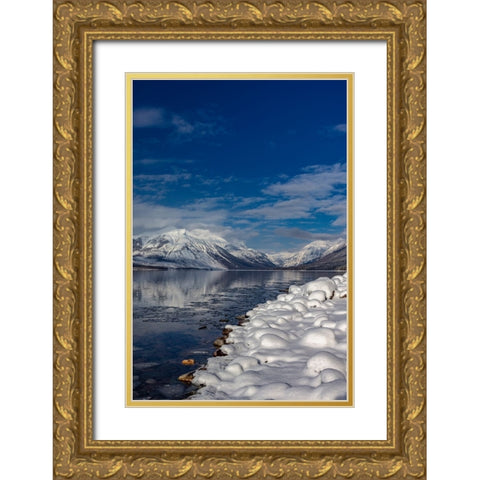 Mountains reflect in wintry Lake McDonald in Glacier National Park-Montana-USA Gold Ornate Wood Framed Art Print with Double Matting by Haney, Chuck