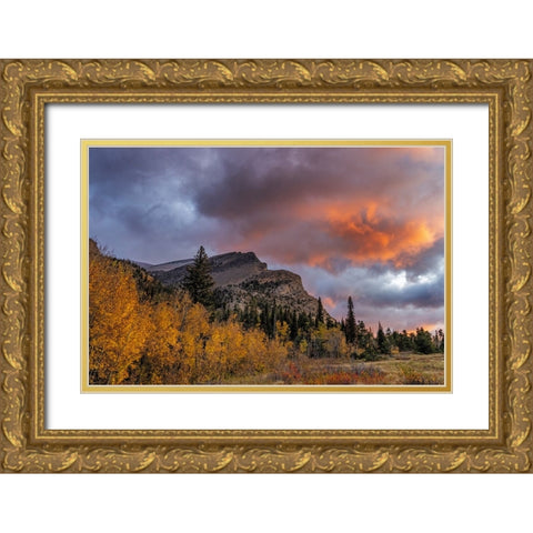 Sunrise clouds over Bear Mountain in Glacier National Park-Montana-USA Gold Ornate Wood Framed Art Print with Double Matting by Haney, Chuck