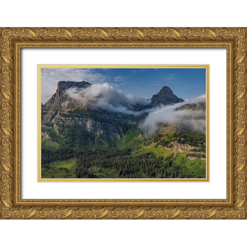 Rolling fog clouds with Heavy Runner and Reynold Mountains at Logan Pass in Glacier National Park Gold Ornate Wood Framed Art Print with Double Matting by Haney, Chuck