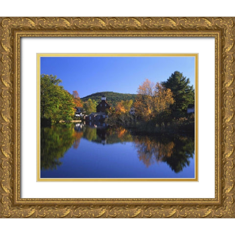 NH, Ashland Old grist mill reflecting in pond Gold Ornate Wood Framed Art Print with Double Matting by Terrill, Steve