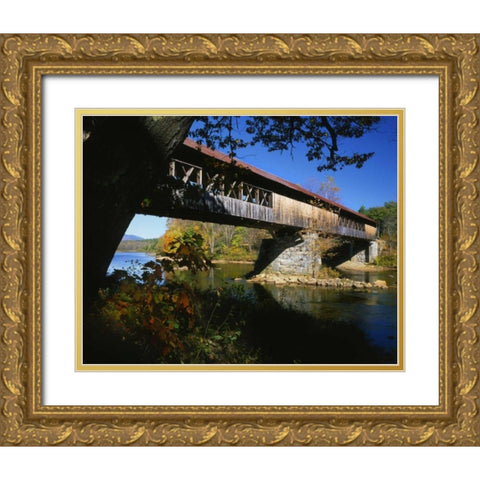 NH, Campton Blair Bridge over Pemigewasset River Gold Ornate Wood Framed Art Print with Double Matting by Terrill, Steve