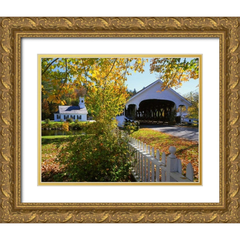NH, Stark Stark Bridge and Church by the river Gold Ornate Wood Framed Art Print with Double Matting by Terrill, Steve