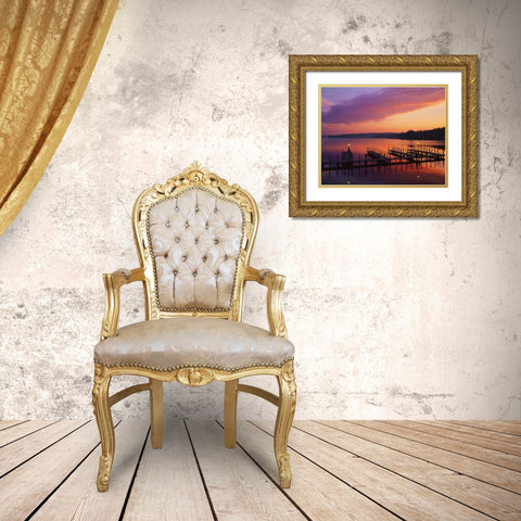 NH, Sunrise over Lake Winnipesaukee dock Gold Ornate Wood Framed Art Print with Double Matting by Terrill, Steve