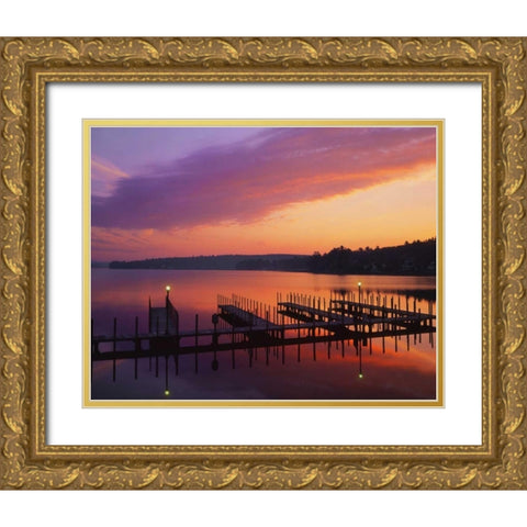 NH, Sunrise over Lake Winnipesaukee dock Gold Ornate Wood Framed Art Print with Double Matting by Terrill, Steve