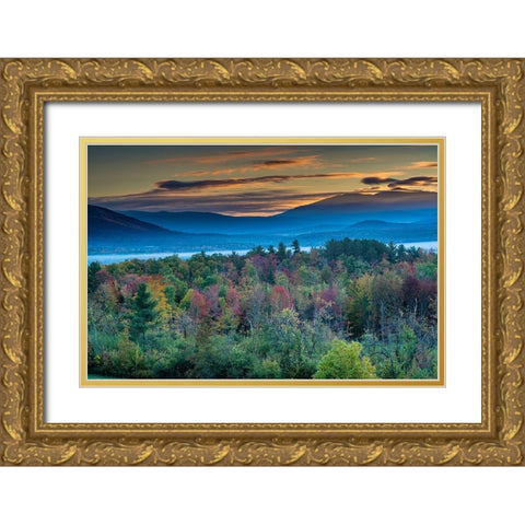 Painterly fall landscape with fog and fall foliage-Sugar Hill-White Mountains-Franconia Gold Ornate Wood Framed Art Print with Double Matting by Garber, Howie