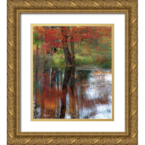 USA-New Hampshire-Jackson-Autumn in New England with Fall Color of Maple Tree reflected in small po Gold Ornate Wood Framed Art Print with Double Matting by Gulin, Sylvia