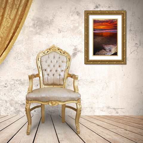 New Jersey, Cape May Sunset reflection on beach Gold Ornate Wood Framed Art Print with Double Matting by OBrien, Jay