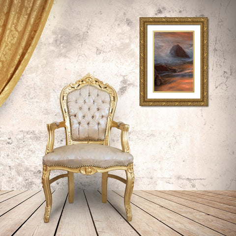 NJ, Cape May Wave crashes on shoreline rocks Gold Ornate Wood Framed Art Print with Double Matting by OBrien, Jay