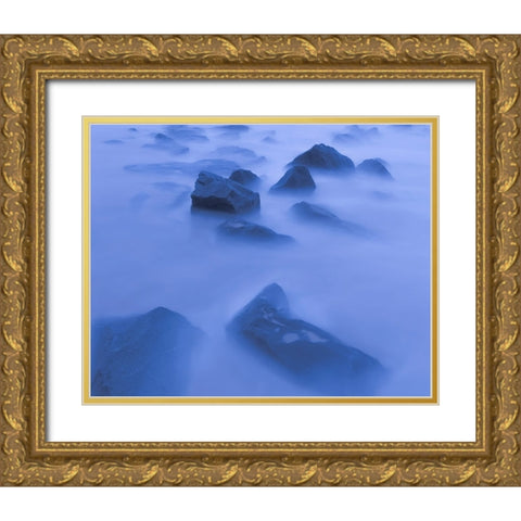 USA-New Jersey-Cape May National Seashore Sunrise mist on rocky shore Gold Ornate Wood Framed Art Print with Double Matting by Jaynes Gallery